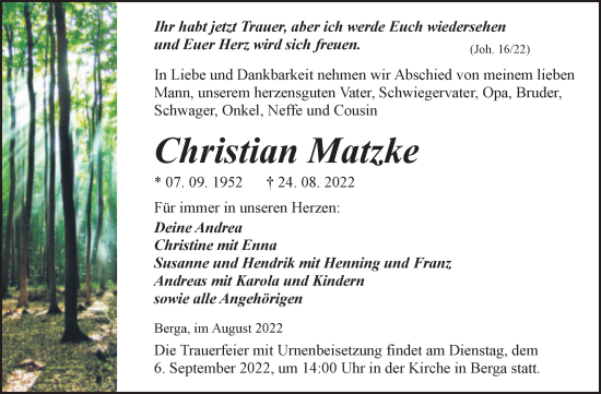 Traueranzeige von Christian Matzke von Trauerkombi Sangerhausen