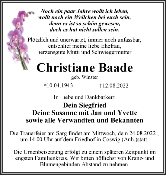 Traueranzeige von Christiane Baade von Trauerkombi Wittenberg