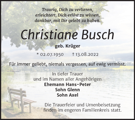 Traueranzeige von Christiane Busch von Trauerkombi Dessau
