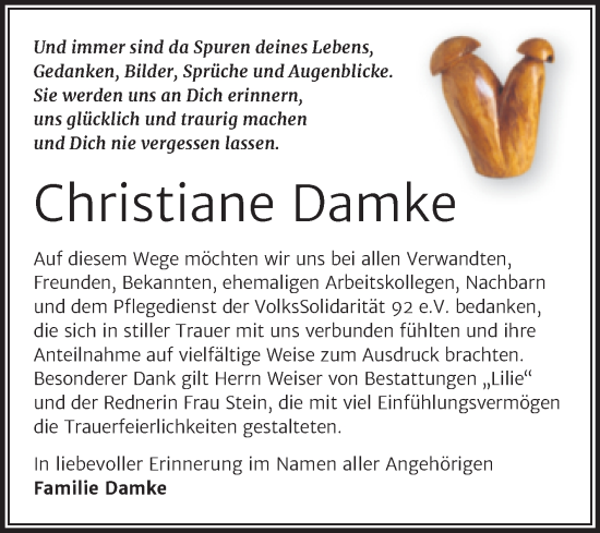 Traueranzeige von Christiane Damke von Trauerkombi Dessau