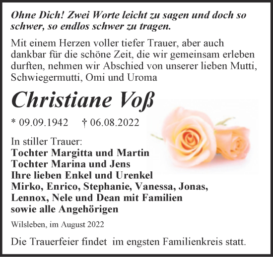 Traueranzeige von Christiane Voß von Trauerkombi Aschersleben