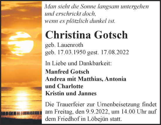 Traueranzeige von Christina Gotsch von Mitteldeutsche Zeitung Halle/Saalkreis