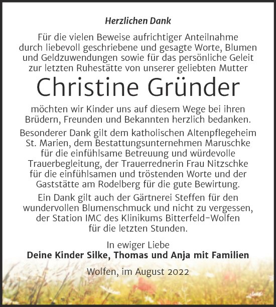 Traueranzeige von Christine Gründer von Trauerkombi Bitterfeld