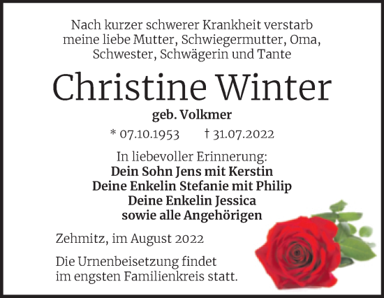 Traueranzeige von Christine Winter von Trauerkombi Köthen