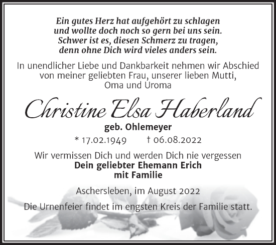 Traueranzeige von Christine Elsa Haberland von Trauerkombi Aschersleben