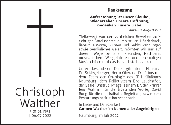 Traueranzeige von Christoph Walther von Wochenspiegel Naumburg/Nebra