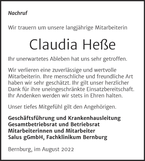 Traueranzeige von Claudia Heße von Mitteldeutsche Zeitung Bernburg