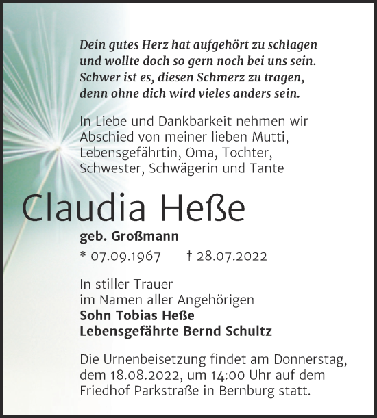 Traueranzeige von Claudia Heße von Trauerkombi Bernburg