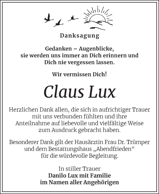 Traueranzeige von Claus Lux von Wochenspiegel Naumburg/Nebra