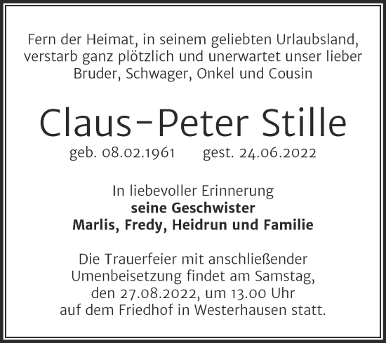 Traueranzeige von Claus-Peter Stille von Trauerkombi Quedlinburg