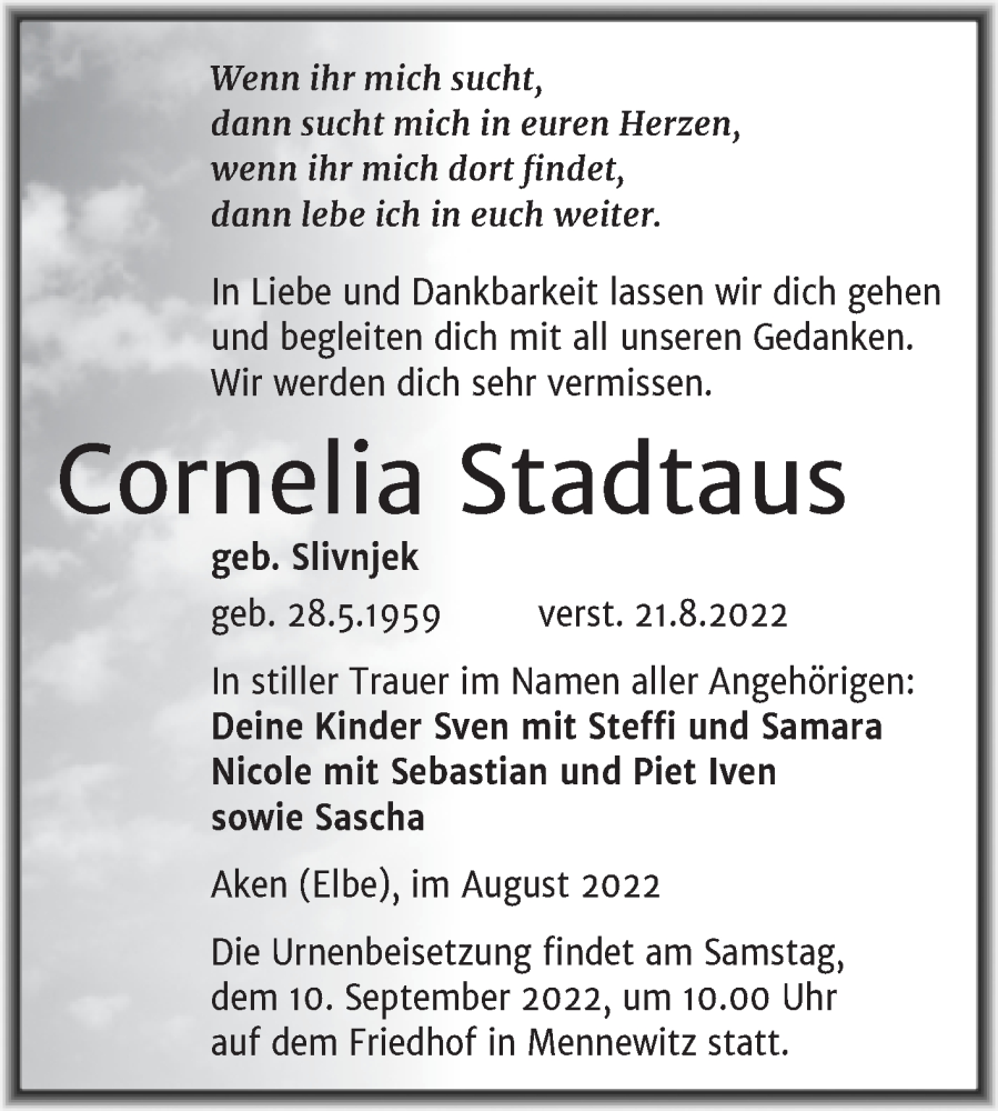  Traueranzeige für Cornelia Stadtaus vom 26.08.2022 aus Trauerkombi Köthen
