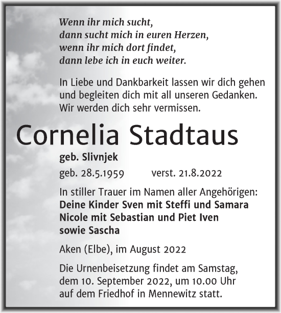 Traueranzeige von Cornelia Stadtaus von Trauerkombi Köthen