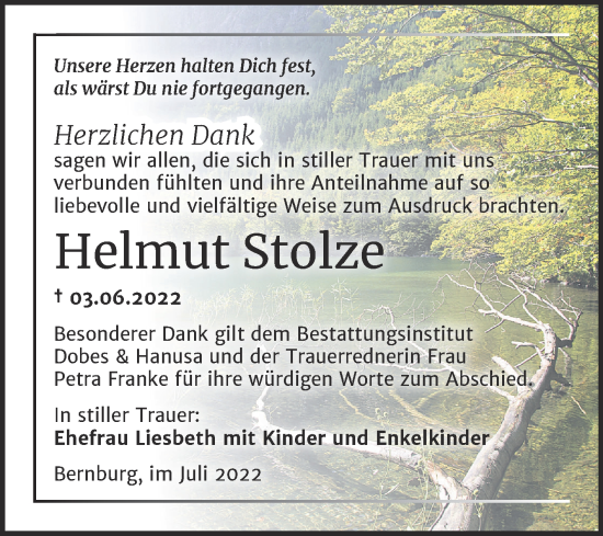 Traueranzeige von Helmut Stolze von Mitteldeutsche Zeitung Bernburg