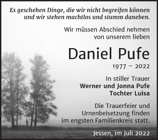 Traueranzeige von Daniel Pufe von Trauerkombi Wittenberg