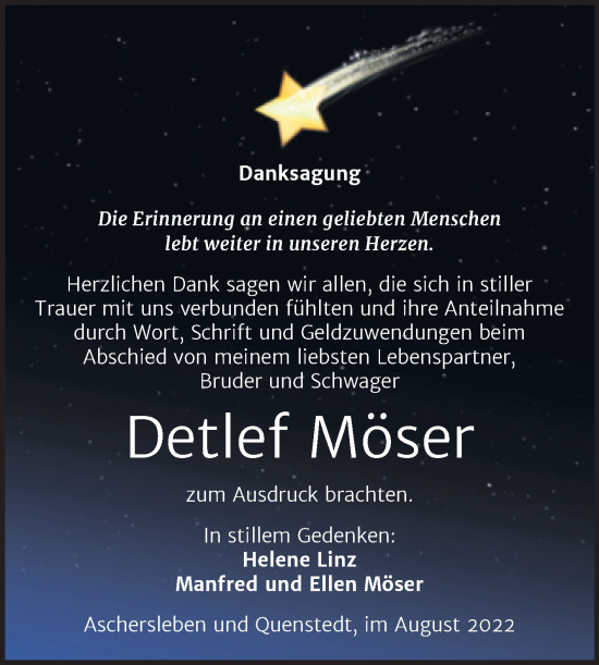 Traueranzeige von Detlef Möser von Trauerkombi Mansfelder Land