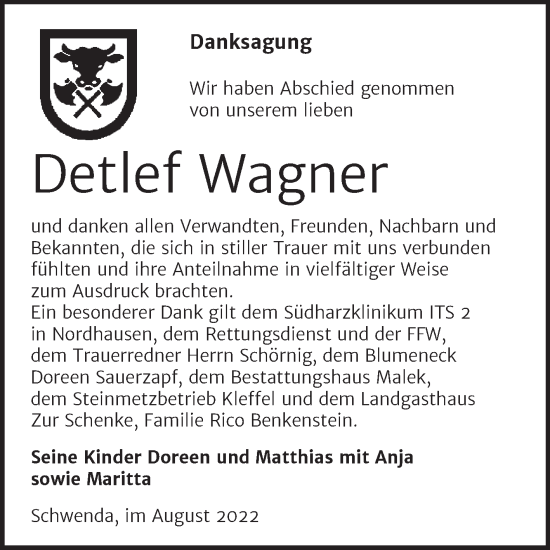 Traueranzeige von Detlef Wagner von Trauerkombi Sangerhausen