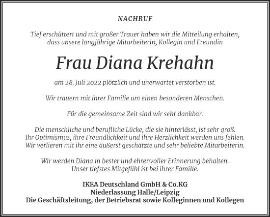 Traueranzeige von Diana Krehahn von Wochenspiegel Weißenfels