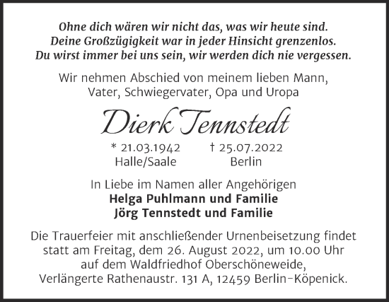 Traueranzeige von Dierk Tennstedt von Mitteldeutsche Zeitung Halle/Saalkreis
