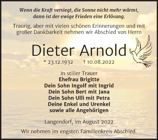 Traueranzeige von Dieter Arnold von Trauerkombi Weißenfels