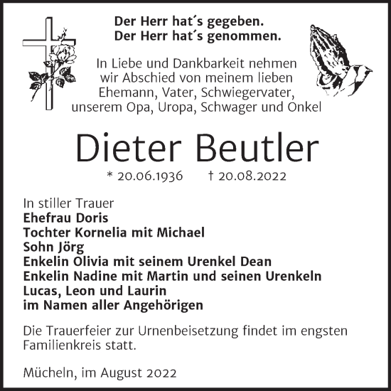 Traueranzeige von Dieter Beutler von Trauerkombi Merseburg