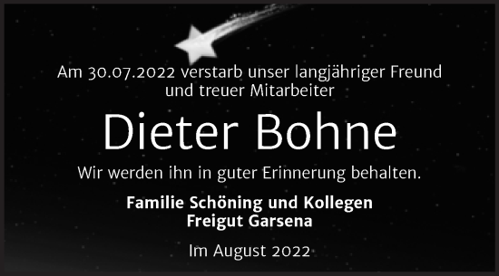 Traueranzeige von Dieter Bohne von Super Sonntag Bernburg