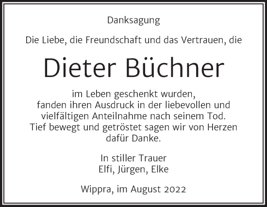 Traueranzeige von Dieter Büchner von Mitteldeutsche Zeitung Mansfelder Land