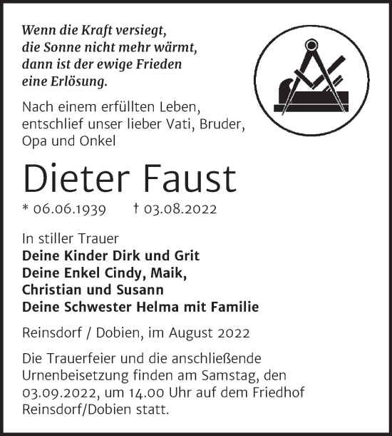 Traueranzeige von Dieter Faust von Trauerkombi Wittenberg