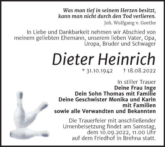 Traueranzeige von Dieter Heinrich von Trauerkombi Bitterfeld