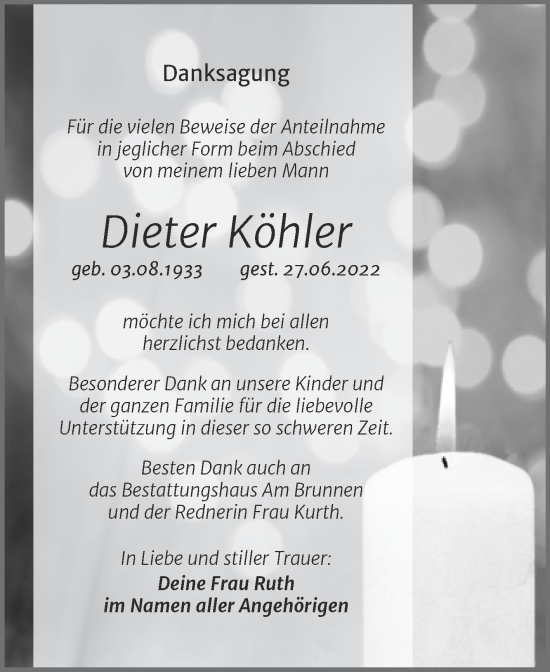 Traueranzeige von Dieter Köhler von Trauerkombi Mansfelder Land