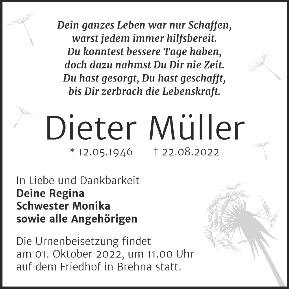  Traueranzeige für Dieter Müller vom 31.08.2022 aus Trauerkombi Bitterfeld