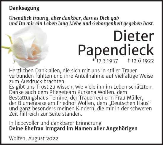 Traueranzeige von Dieter Papendieck von Trauerkombi Bitterfeld