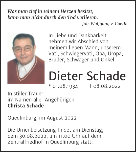 Traueranzeige von Dieter Schade von Trauerkombi Quedlinburg