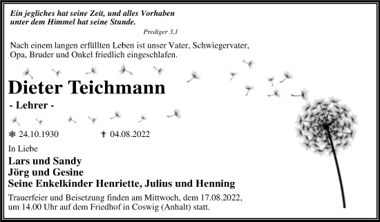 Traueranzeige von Dieter Teichmann von Trauerkombi Wittenberg