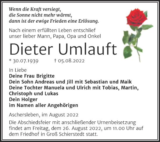 Traueranzeige von Dieter Umlauft von Trauerkombi Aschersleben