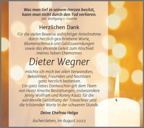 Traueranzeige von Dieter Wegner von Trauerkombi Aschersleben