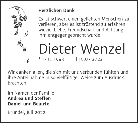 Traueranzeige von Dieter Wenzel von Trauerkombi Bernburg