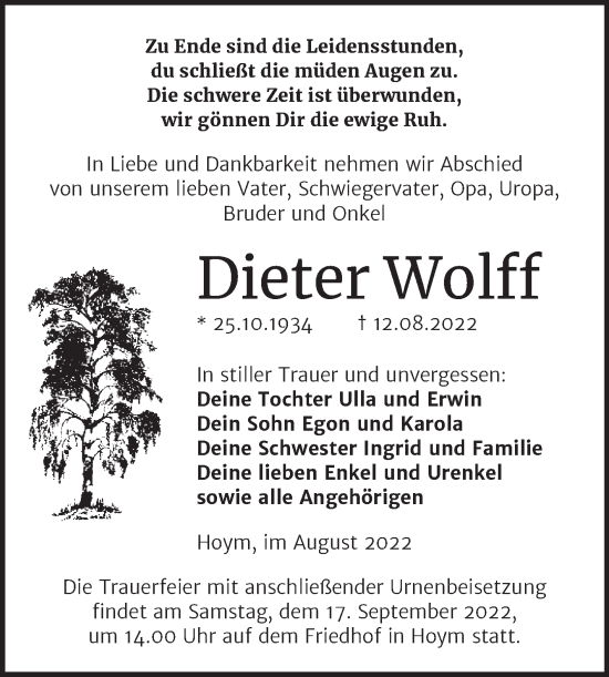 Traueranzeige von Dieter Wolff von Trauerkombi Aschersleben