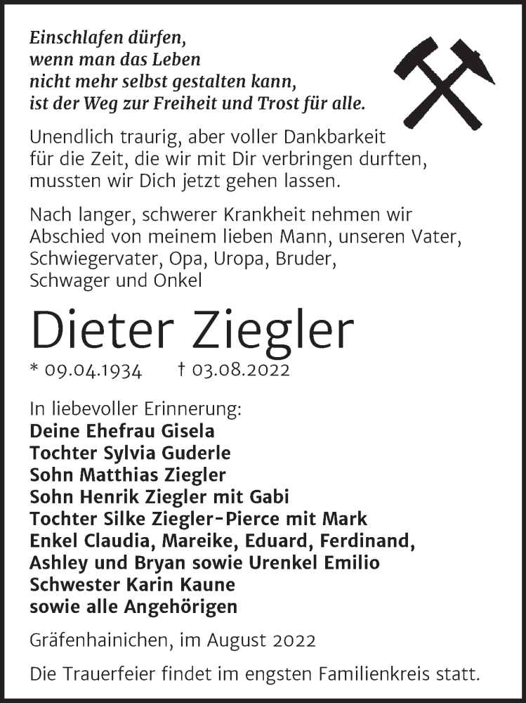  Traueranzeige für Dieter Ziegler vom 09.08.2022 aus Mitteldeutsche Zeitung