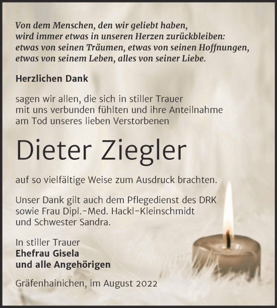 Traueranzeige von Dieter Ziegler von Trauerkombi Wittenberg