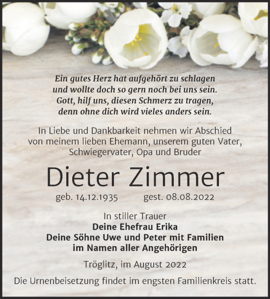 Traueranzeige von Dieter Zimmer von Trauerkombi Zeitz