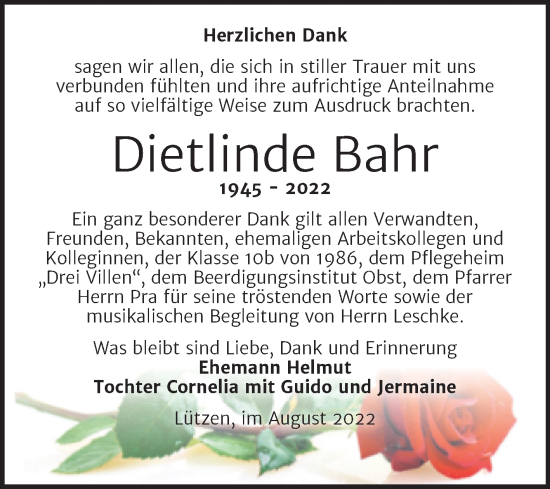 Traueranzeige von Dietlinde Bahr von Trauerkombi Weißenfels