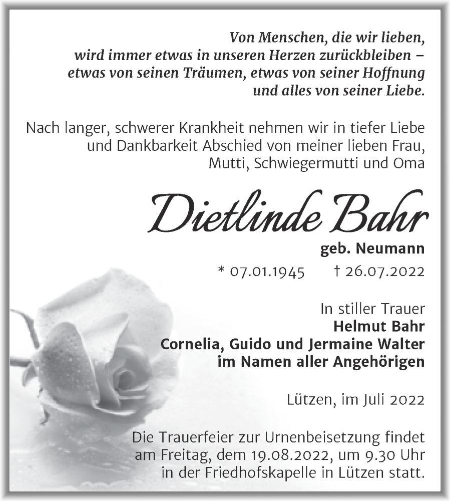  Traueranzeige für Dietlinde Bahr vom 03.08.2022 aus Trauerkombi Weißenfels