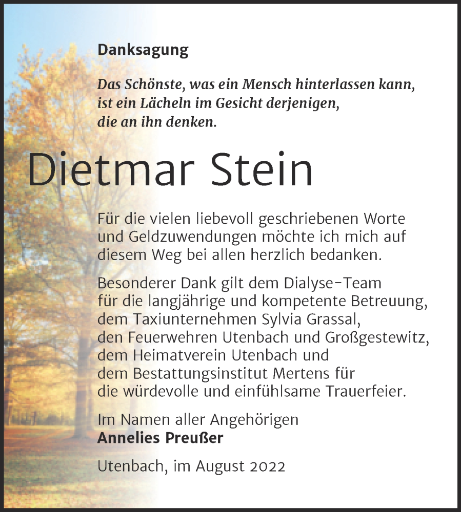  Traueranzeige für Dietmar Stein vom 31.08.2022 aus Wochenspiegel Naumburg/Nebra