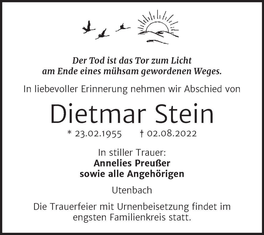  Traueranzeige für Dietmar Stein vom 10.08.2022 aus Wochenspiegel Naumburg/Nebra