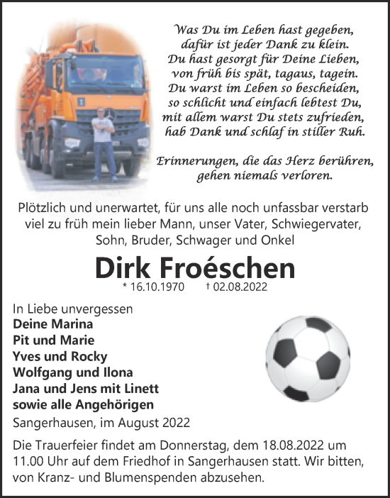 Traueranzeige von Dirk Froéschen von Trauerkombi Sangerhausen
