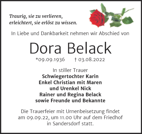 Traueranzeige von Dora Belack von Trauerkombi Bitterfeld