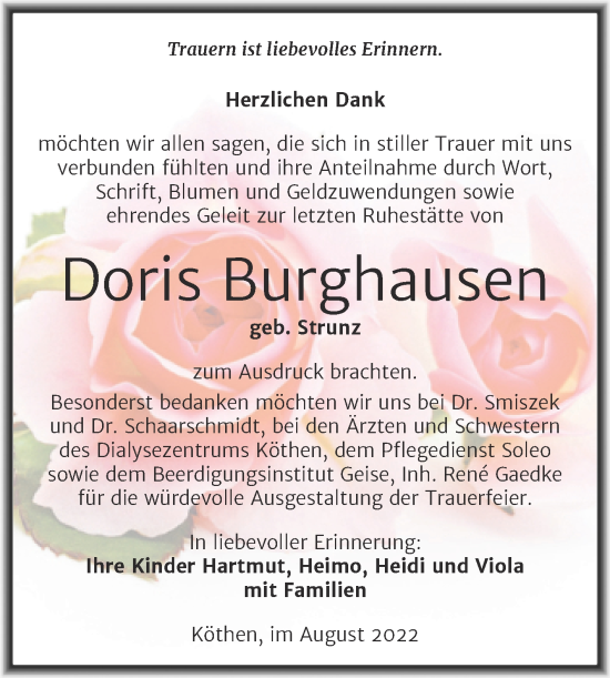 Traueranzeige von Doris Burghausen von Trauerkombi Köthen
