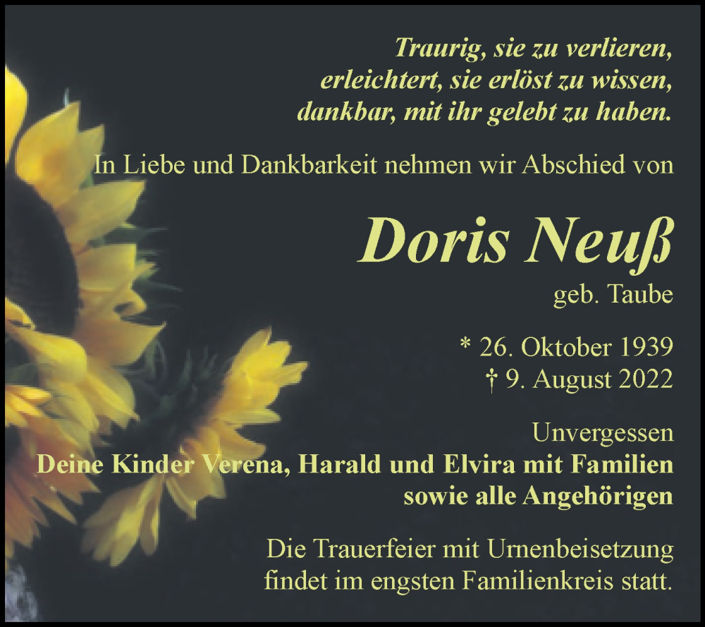  Traueranzeige für Doris Neuß vom 17.08.2022 aus Trauerkombi Bitterfeld