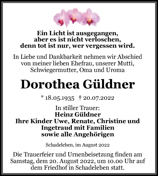 Traueranzeige von Dorothea Güldner von Trauerkombi Aschersleben