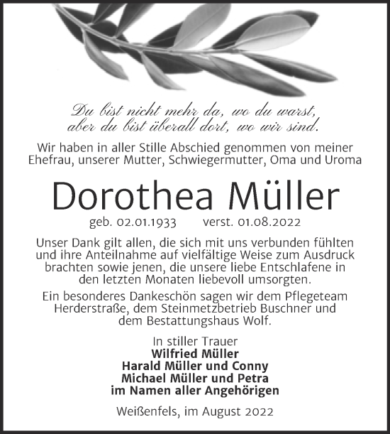 Traueranzeige von Dorothea Müller von Trauerkombi Weißenfels